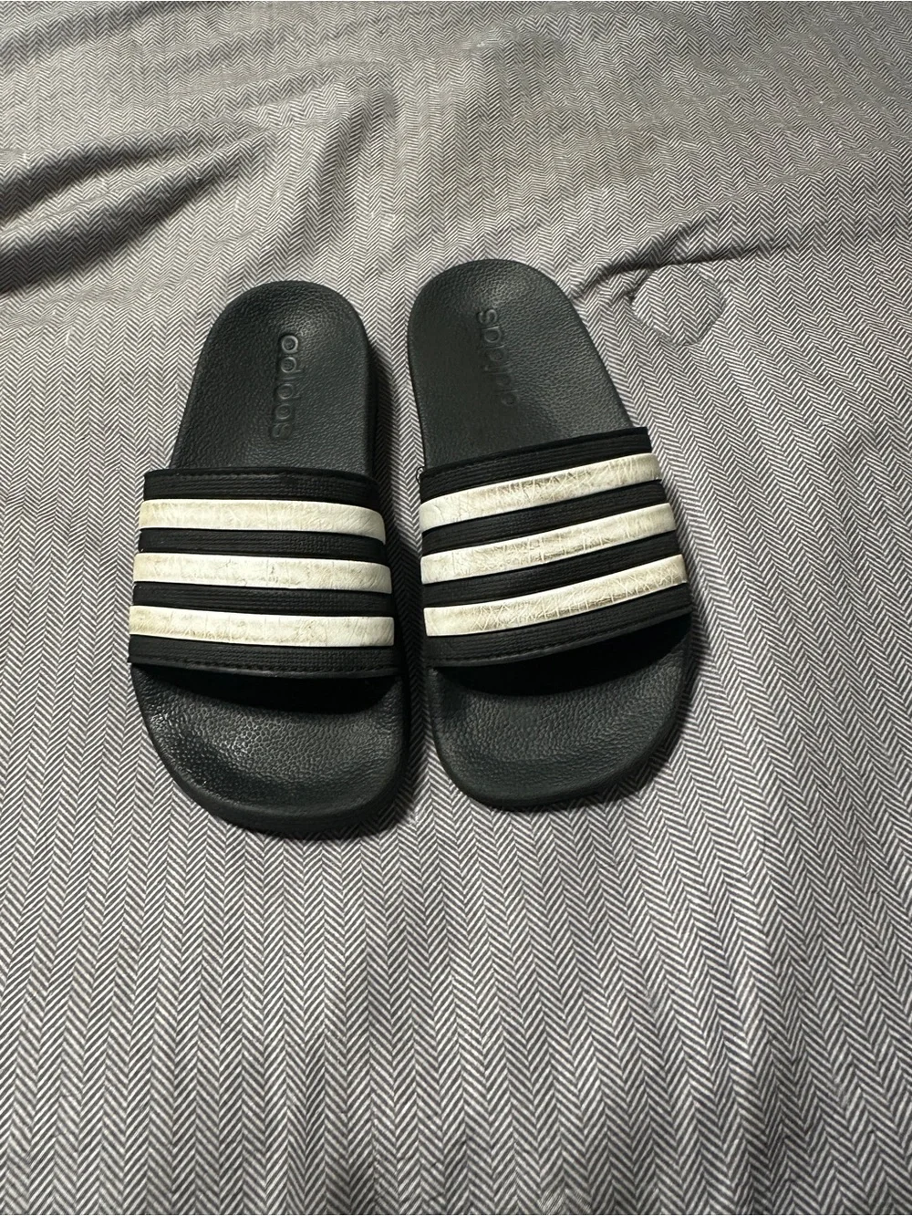 adidas Kids Black Slides with White Stripes